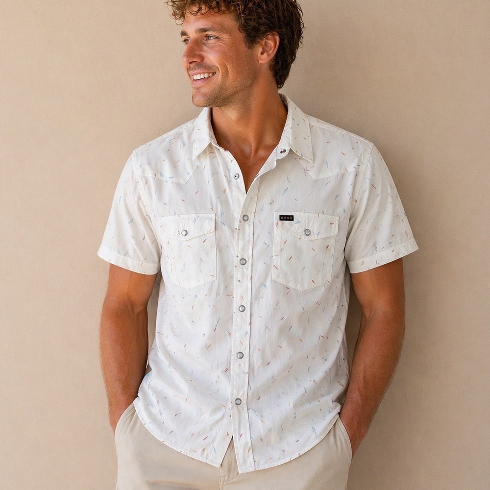Howler Brothers H Bar B Snapshirt Mens M White Feather Print Western Pearl Snap